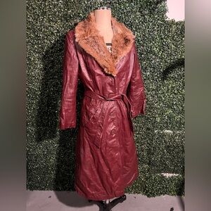 Womens Vintage Oxblood Burgundy Penny Lane 100% genuine fur leather trench